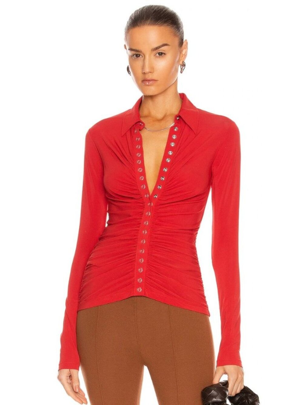 A.L.C Larsen Button Front Top Red Slinky Ruched-sz Small